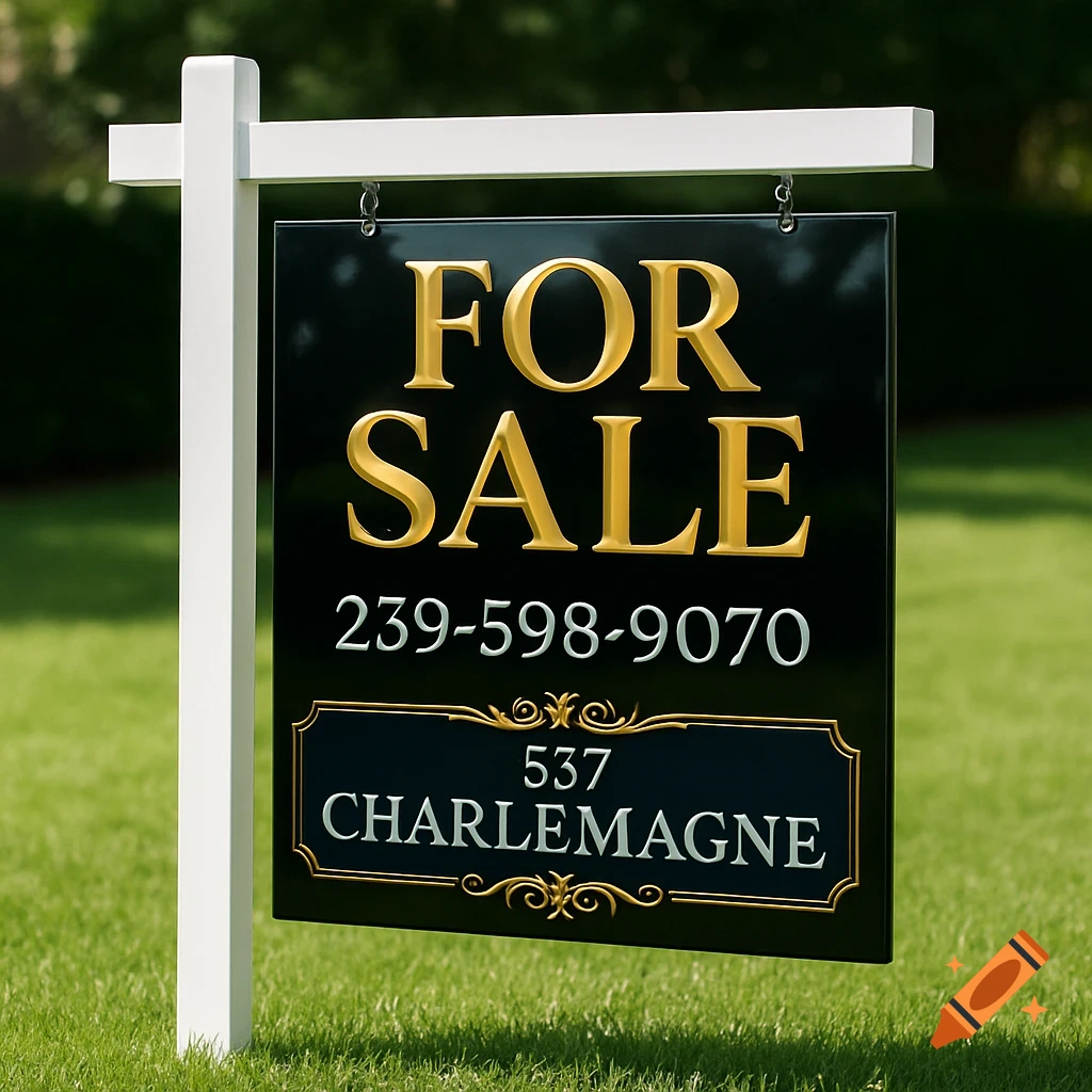 A gold and black 'FOR SALE' real estate sign with a phone number and address, standing in green grass.