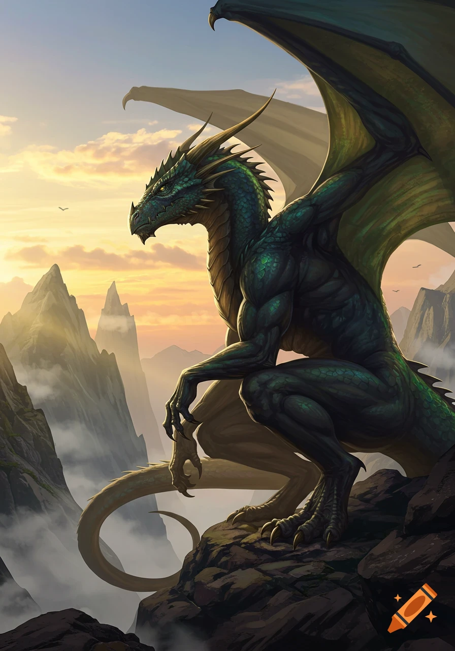 A majestic green dragon with large wings squats on a rocky cliff, looking out over a vast, misty mountain range at sunset.
