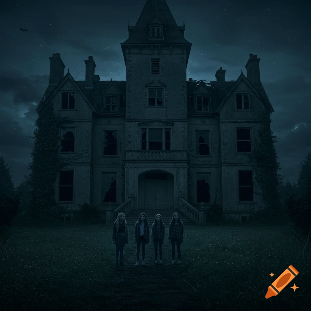 Four teen girls stand on a dark lawn facing a spooky, dilapidated Gothic mansion with shattered windows under a stormy night sky.