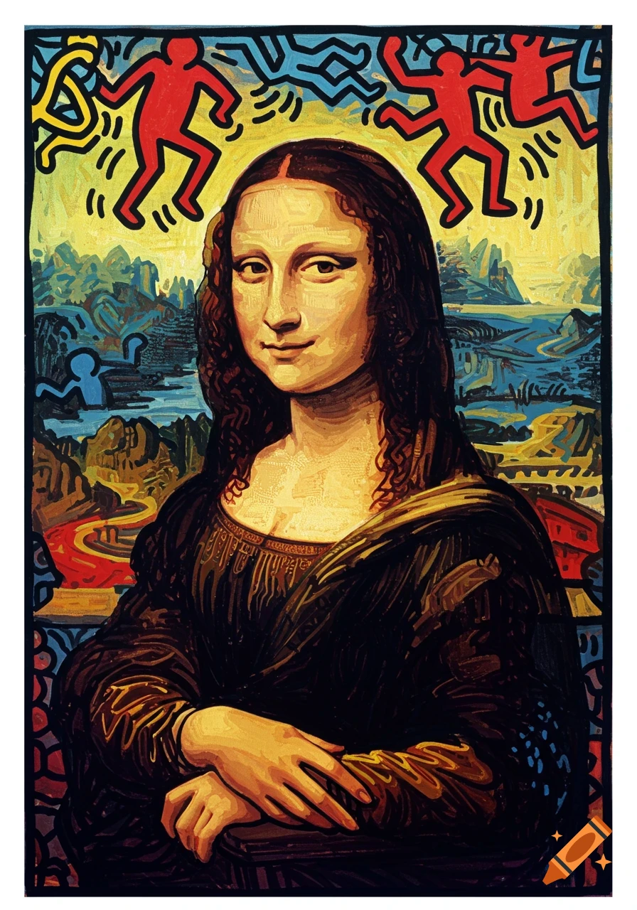 Mona Lisa portrait in a vibrant Keith Haring pop art style with dancing red and yellow figures.