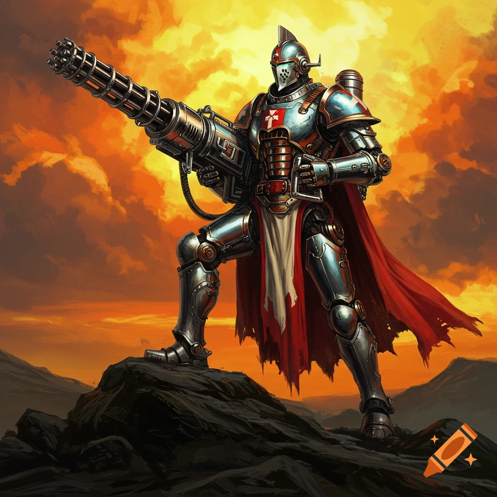 An armored knight-like robot with a red cape and a minigun stands on a rocky outcrop against a dramatic orange sunset sky.