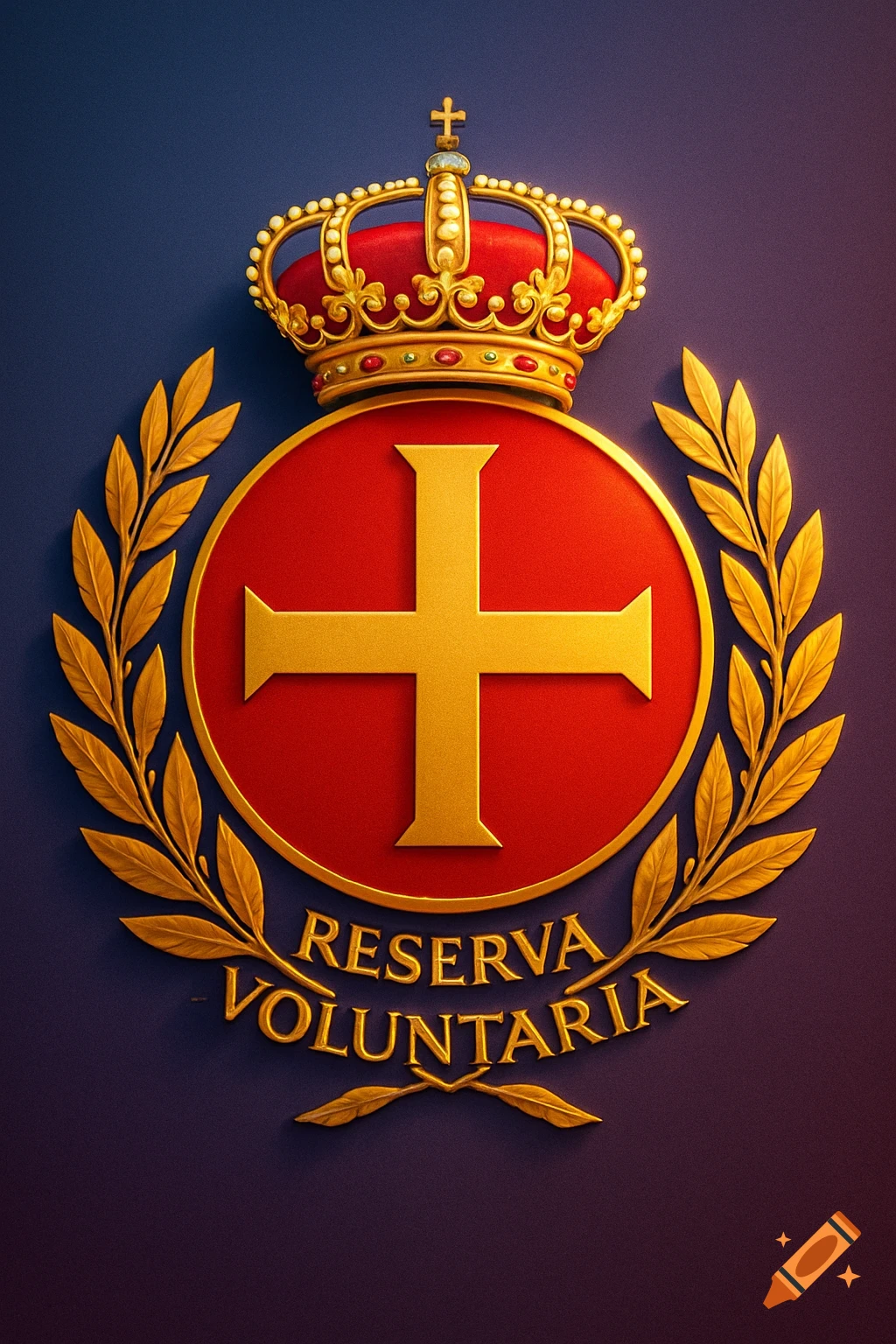 A detailed 3D gold and red emblem with a crown, a cross on a circular shield, and laurel wreaths, with 'RESERVA VOLUNTARIA' text.