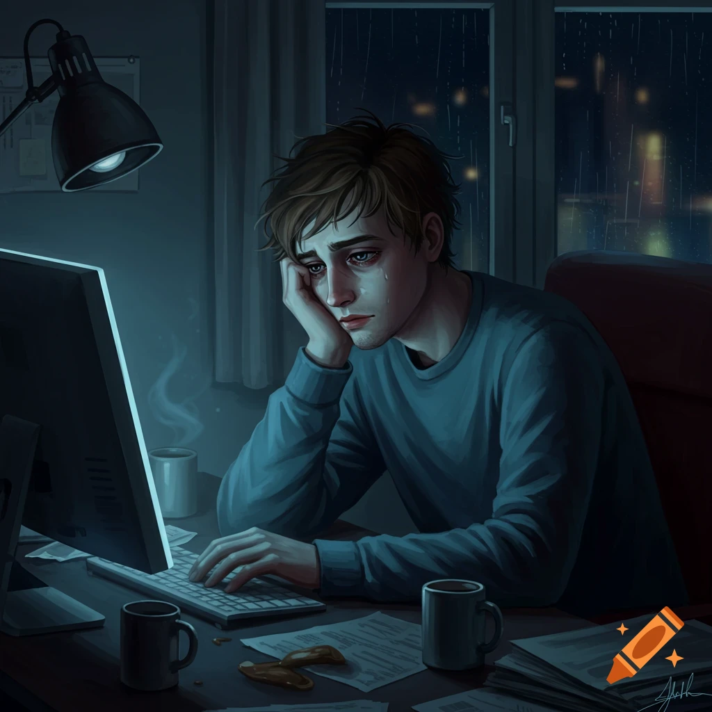 A sad man with tears, illuminated by a desk lamp, sits at a computer at night with rain outside, digital art.