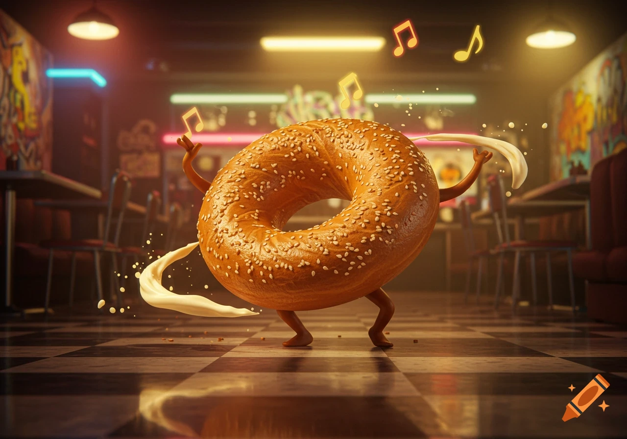 A sesame bagel with arms and legs breakdancing on a checkered floor in a dimly lit retro diner, with cream splashing and musical notes floating around.