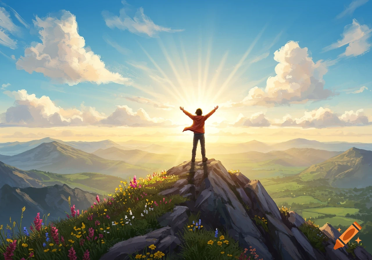 Digital painting of a person with outstretched arms on a mountain peak, facing a bright sun over a vast landscape with wildflowers.