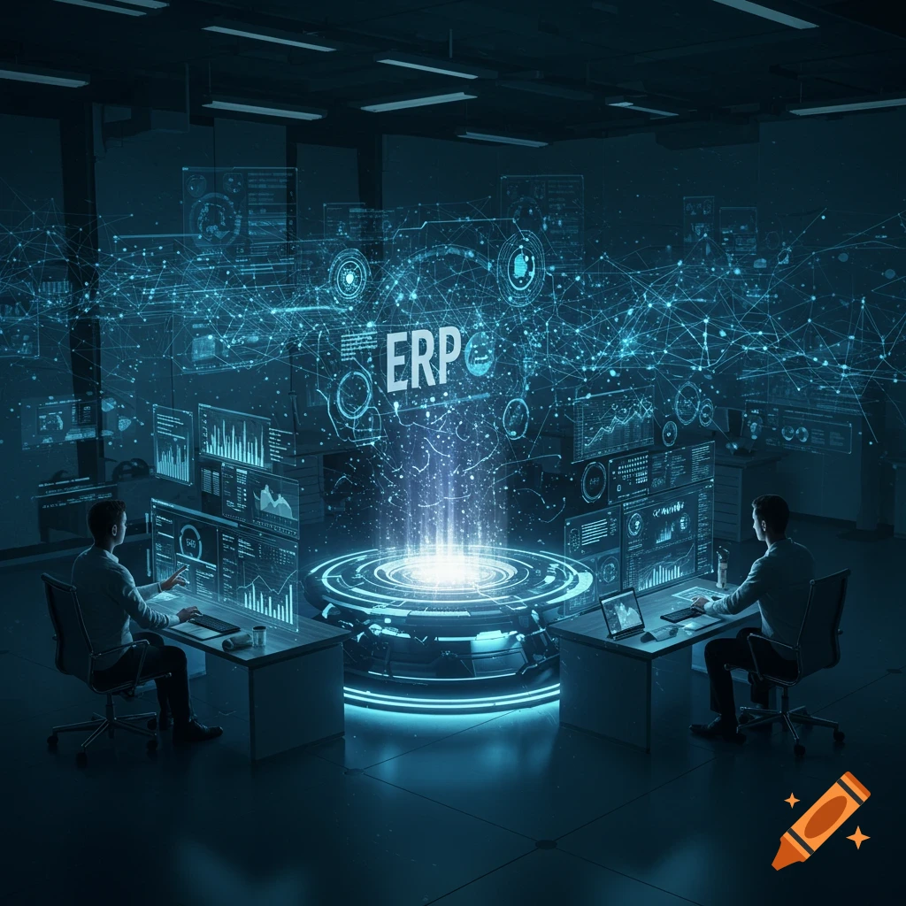 Two people in a dark, futuristic room interacting with glowing blue holographic data displays, with 'ERP' visible in the center.