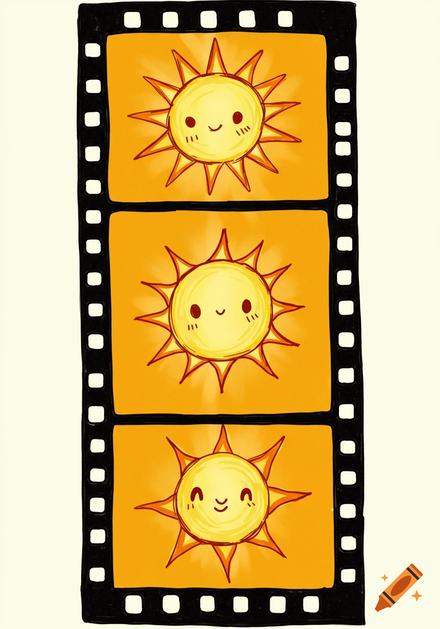 Three smiling cartoon suns in a sketchy, hand-drawn film strip with orange frames.