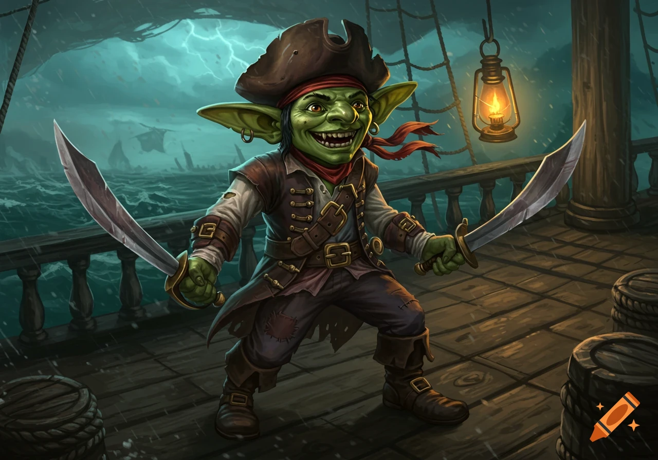 A DND style illustration of a grinning goblin pirate with two cutlasses on a stormy ship deck.