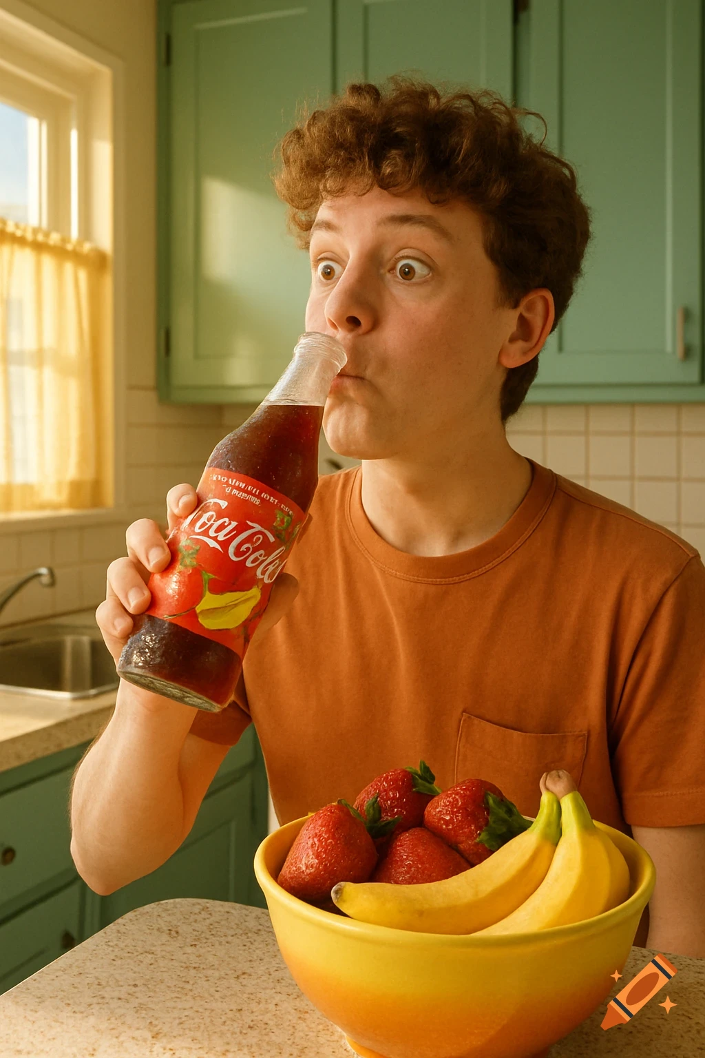 A young man with curly hair looks surprised while drinking strawberry banana Coca-Cola from a frosty bottle in a kitchen. A fruit bowl with strawberries and bananas sits nearby.