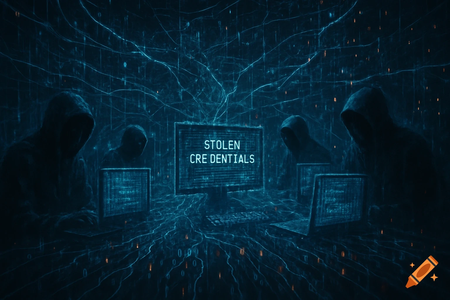 Four hooded figures work on computers in a dark, glowing blue digital network environment with 'STOLEN CREDENTIALS' on a screen.