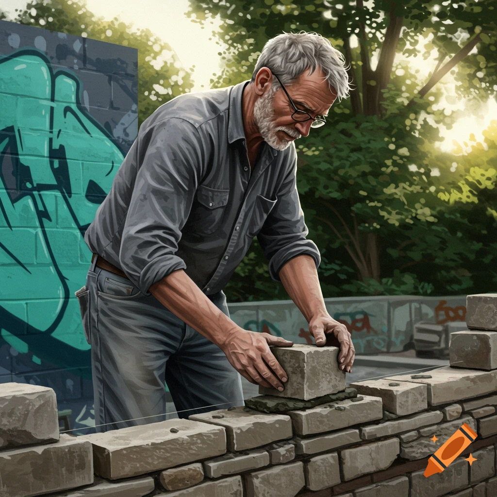 Gray-haired mason in glasses lays bricks for a wall in a painterly outdoor scene with trees and graffiti.