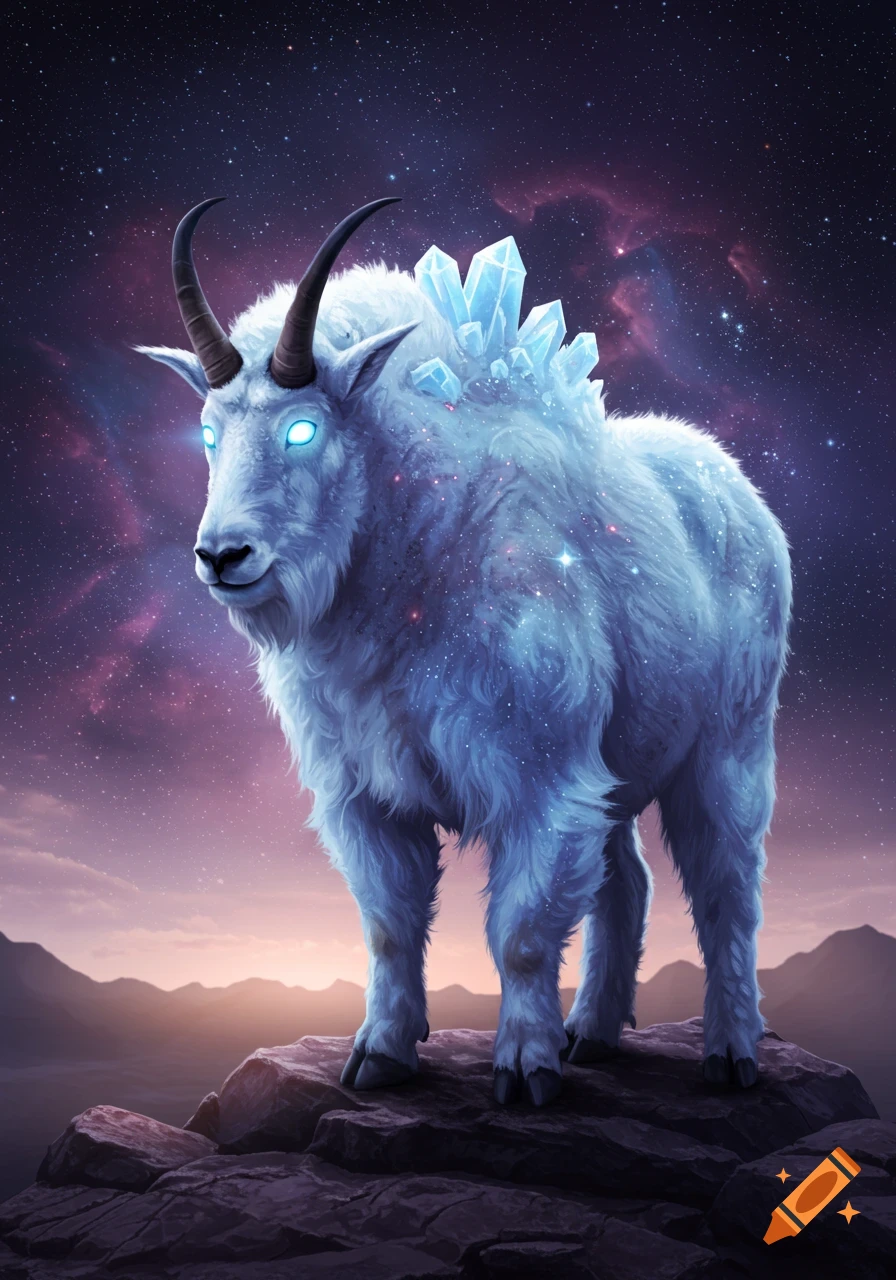 A mystical white, furry mountain goat with glowing blue eyes and large ice crystals on its back stands on a rocky peak under a starry, purple cosmic sky.
