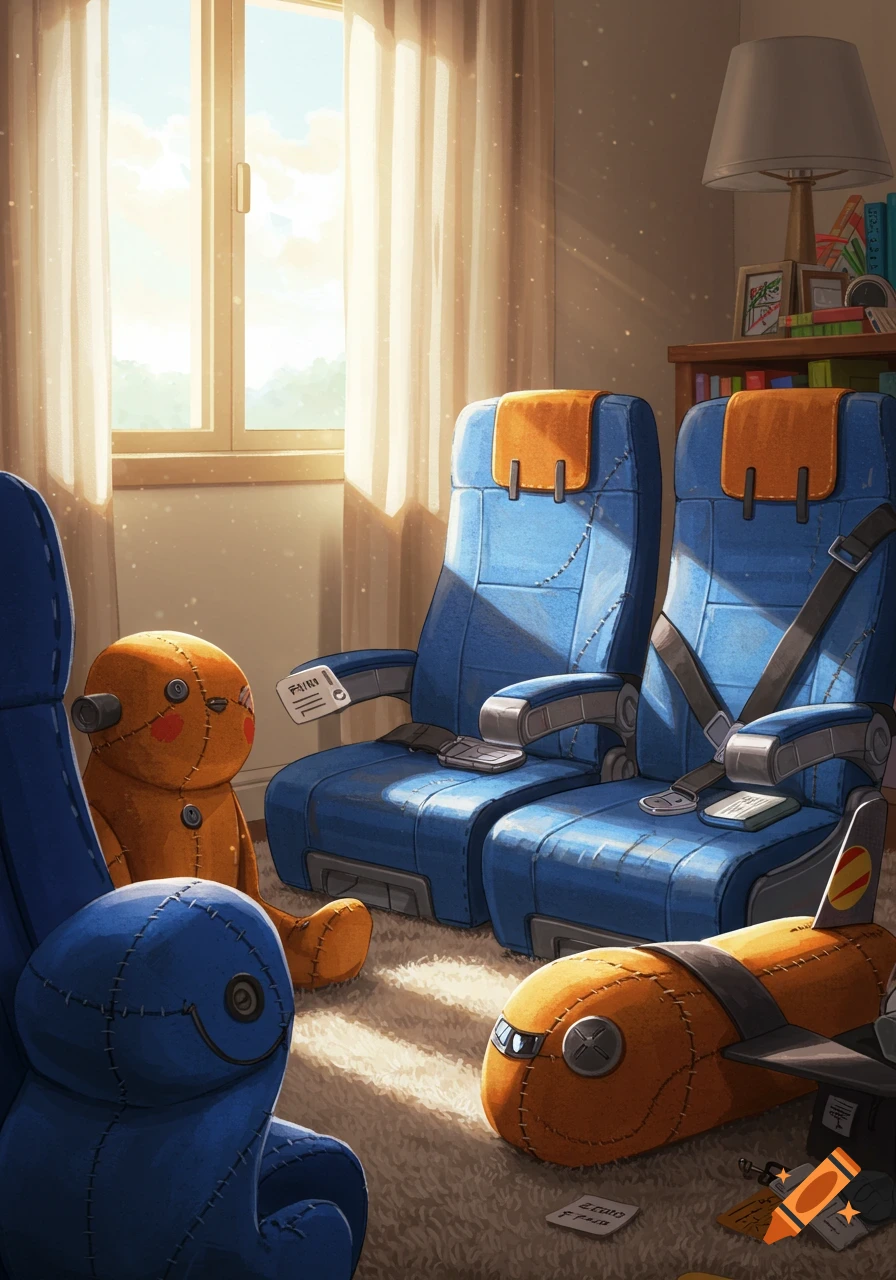 Cozy room with sunlight, plush toys resembling blue and orange airplane seats, and an orange airplane plush on the carpet.