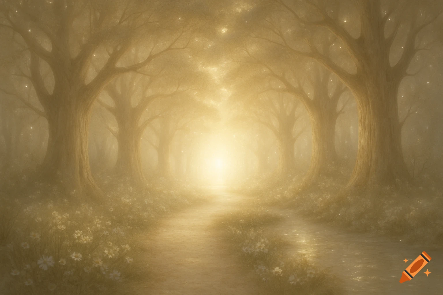 A radiant light illuminates a misty forest path lined with tall trees and wildflowers, creating an ethereal scene.