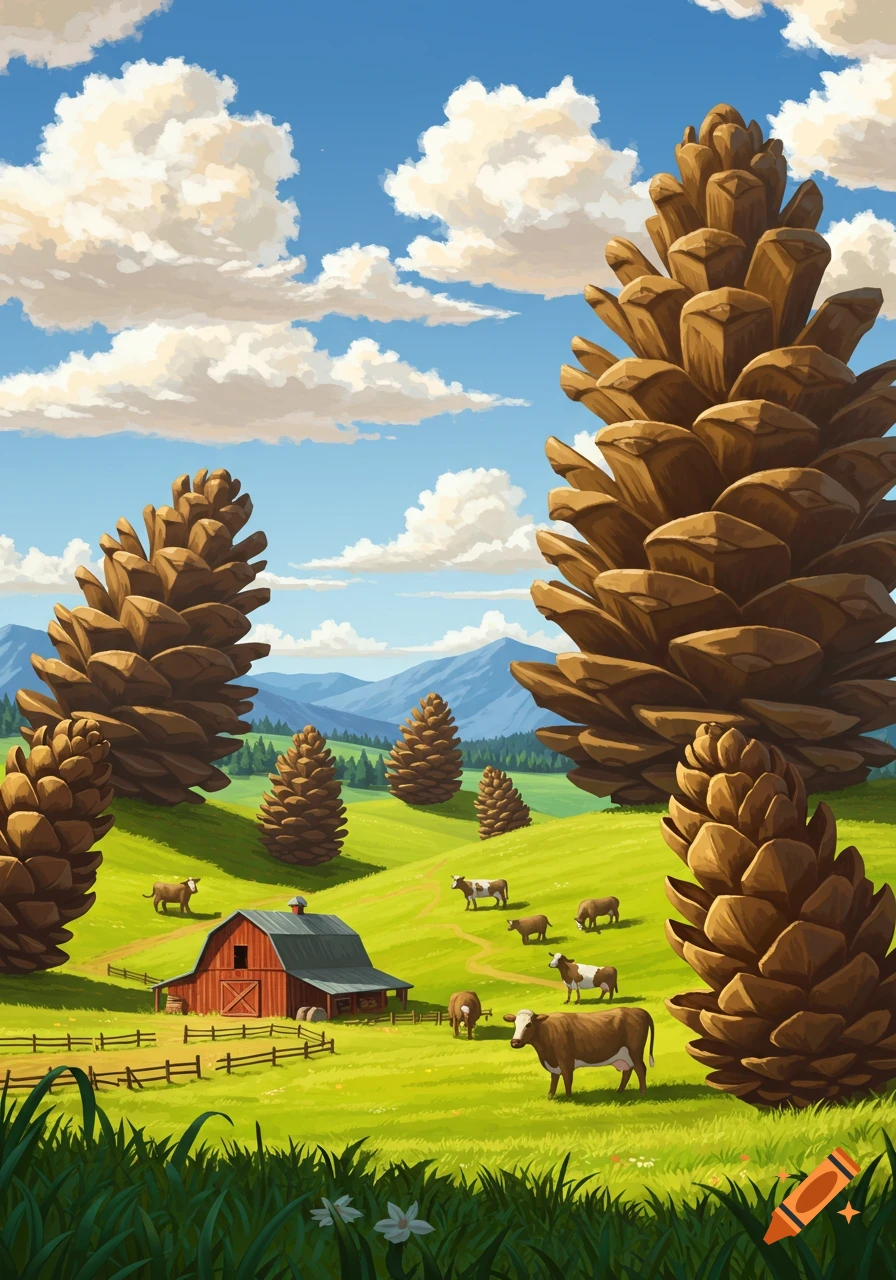 A whimsical cartoon farm scene with a red barn, grazing cows, and giant pinecones in green rolling hills under a blue sky.
