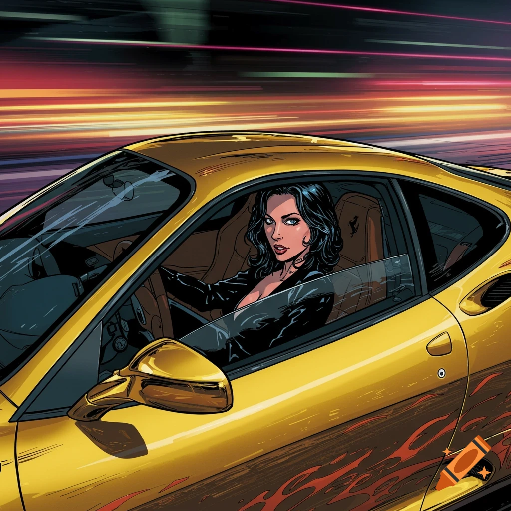 A comic book illustration of a woman with dark hair in a golden Ferrari, looking directly at the viewer with city lights blurring in the background.