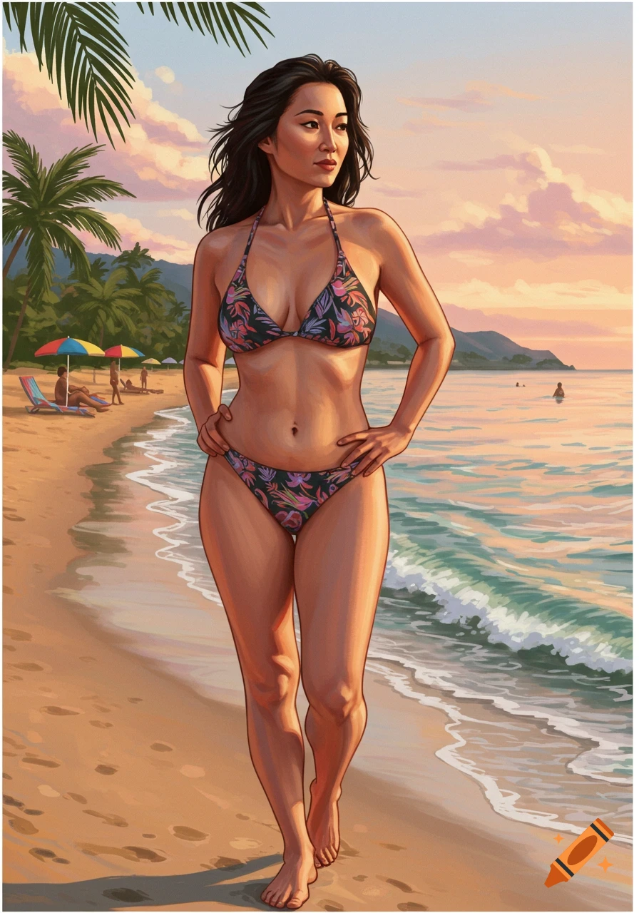 Illustrative depiction of a woman with dark hair in a floral bikini walking on a sandy beach at sunset.