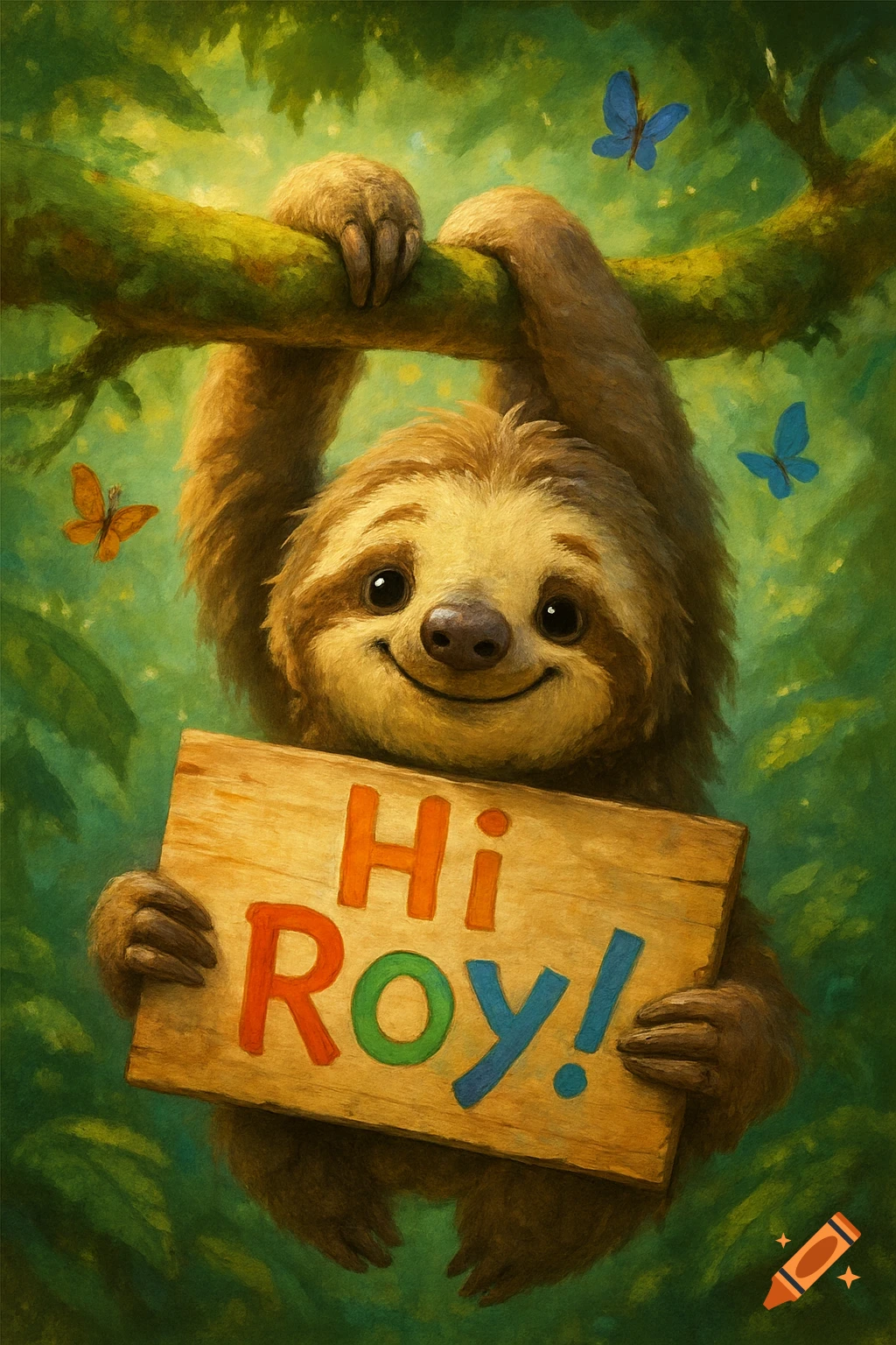 A cute, smiling sloth hangs from a tree branch in a lush jungle, holding a sign that reads 'Hi Roy!' with colorful letters. Butterflies flutter.