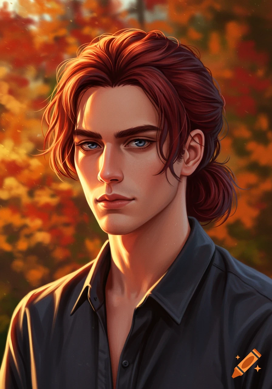 Stylized digital art portrait of a man with reddish-brown hair tied back, curtain bangs, blue eyes, against an autumn leaf background.