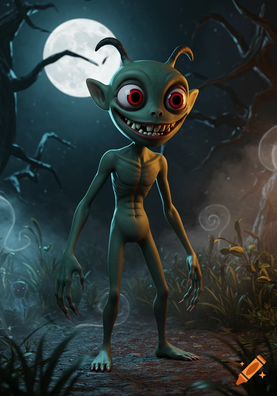 A skinny, green goblin-like creature with large red eyes, horns, and sharp teeth grins in a dark, moonlit forest, 3D cartoon.
