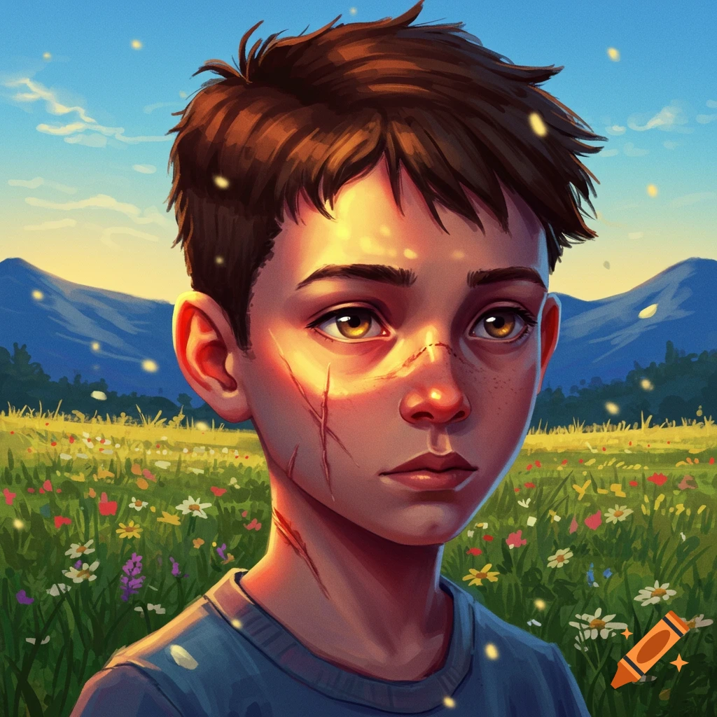 A stylized portrait of a boy with scars on his face and shoulder, standing in a vibrant wildflower field under a blue sky.