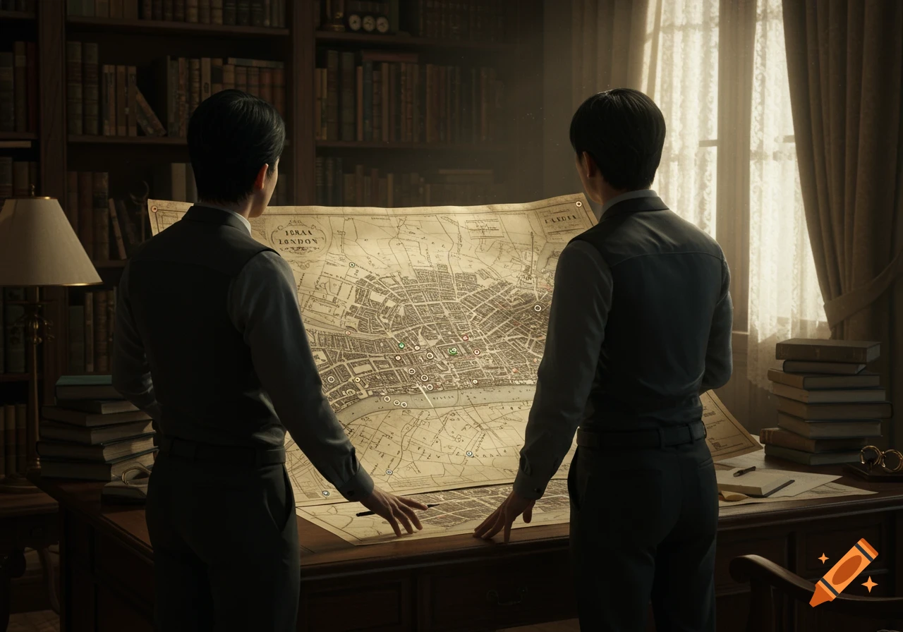 Two men in vests from behind, studying a large, detailed map of London spread across a wooden desk in a dimly lit library.