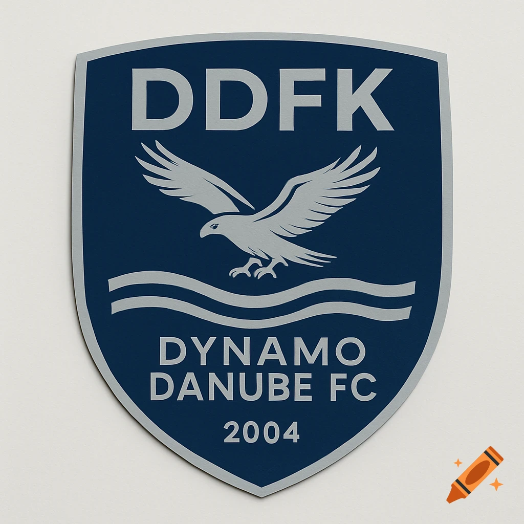 A navy blue and silver football club crest featuring a stylized hawk, wavy lines, and the text 'DDFK Dynamo Danube FC 2004'.