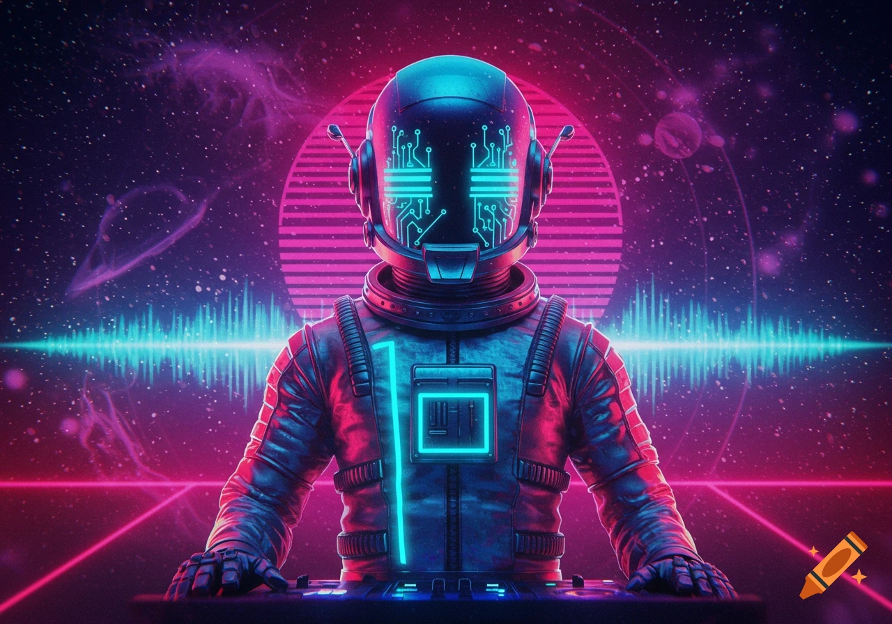 A futuristic astronaut-like DJ with circuit patterns on the helmet and glowing symbols on the chest, stands before a synthwave cosmic background with an equalizer visualizer.