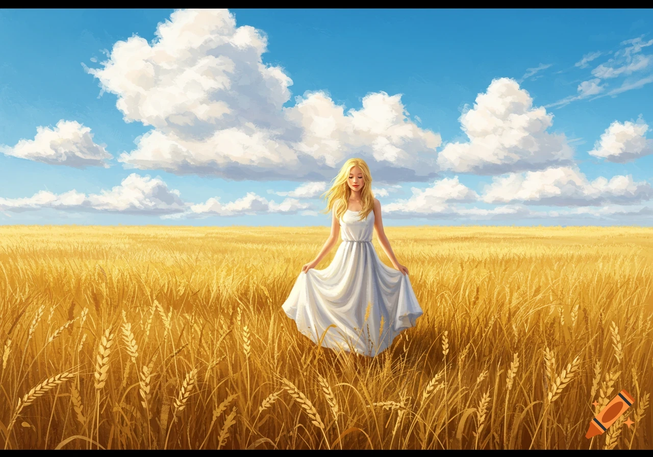 A blonde woman in a white dress stands in a golden wheat field under a blue sky with white clouds, digital painting.