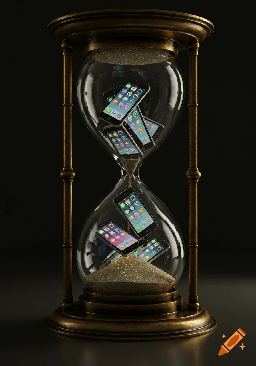 Photorealistic hourglass filled with modern smartphones instead of sand, some falling through the middle.