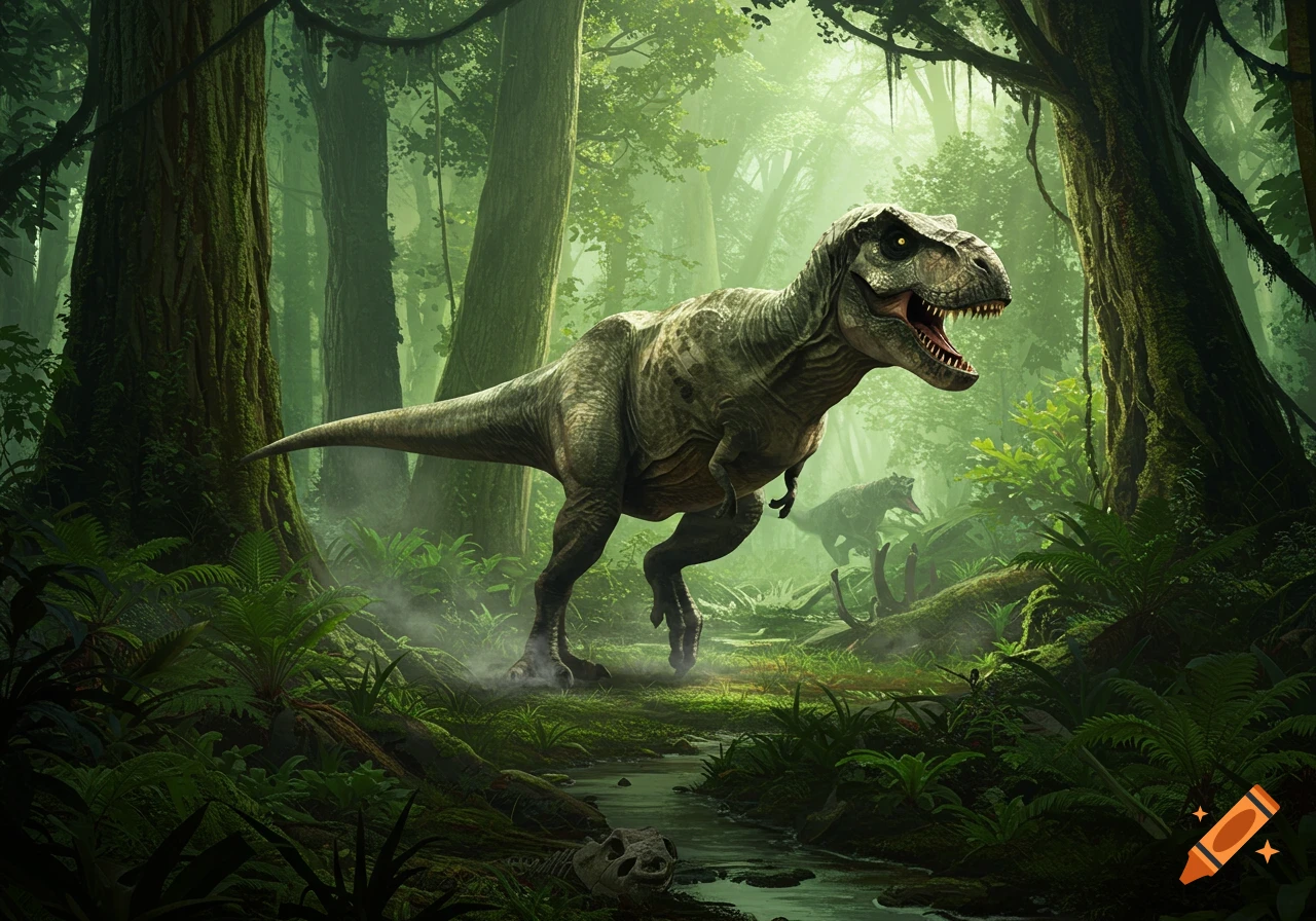 A majestic Tyrannosaurus Rex walks through a misty, lush jungle with another dinosaur in the background, rendered in a photorealistic style.