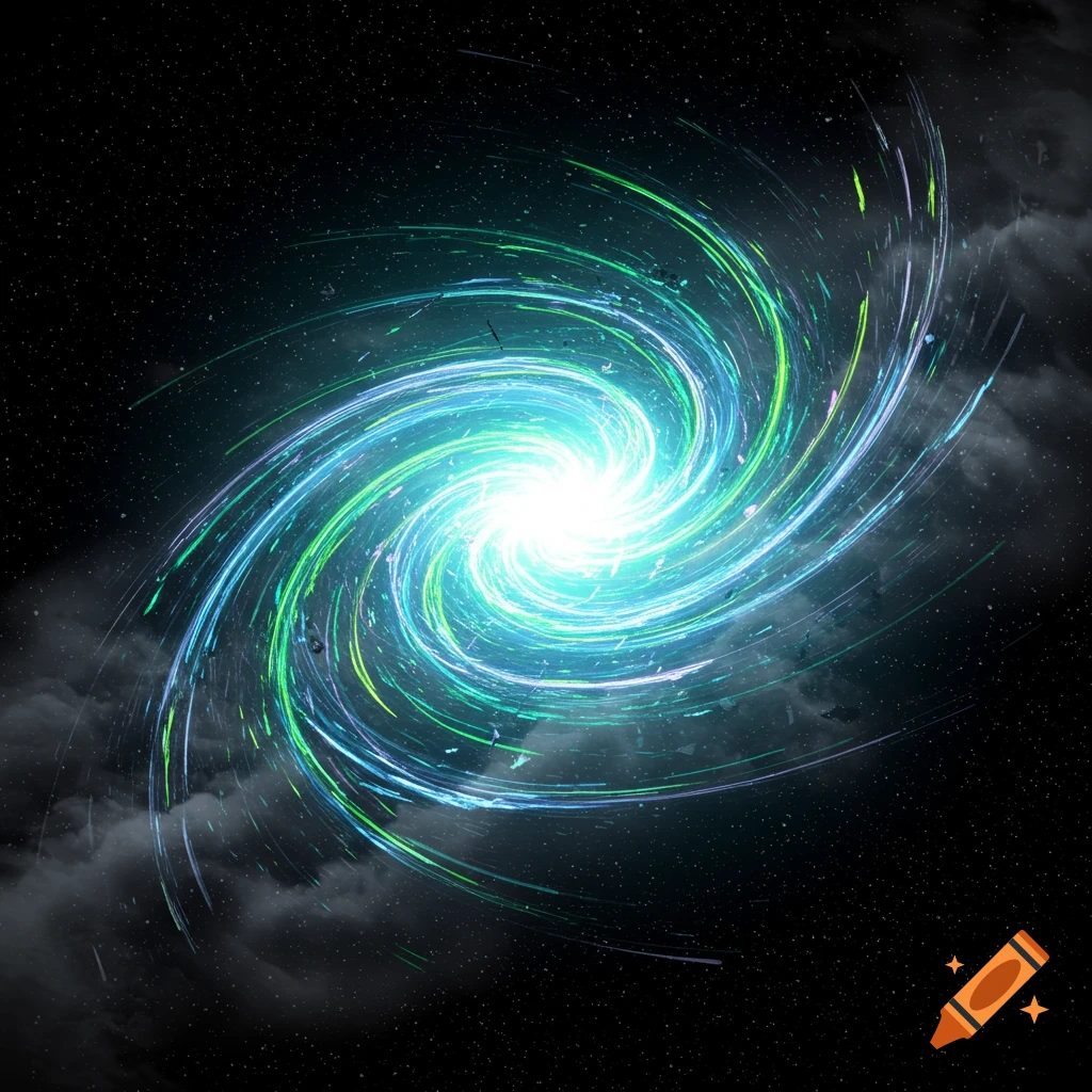 A vibrant blue and green spiral vortex swirls brightly in a dark, starry space with wisps of dark nebulous clouds.