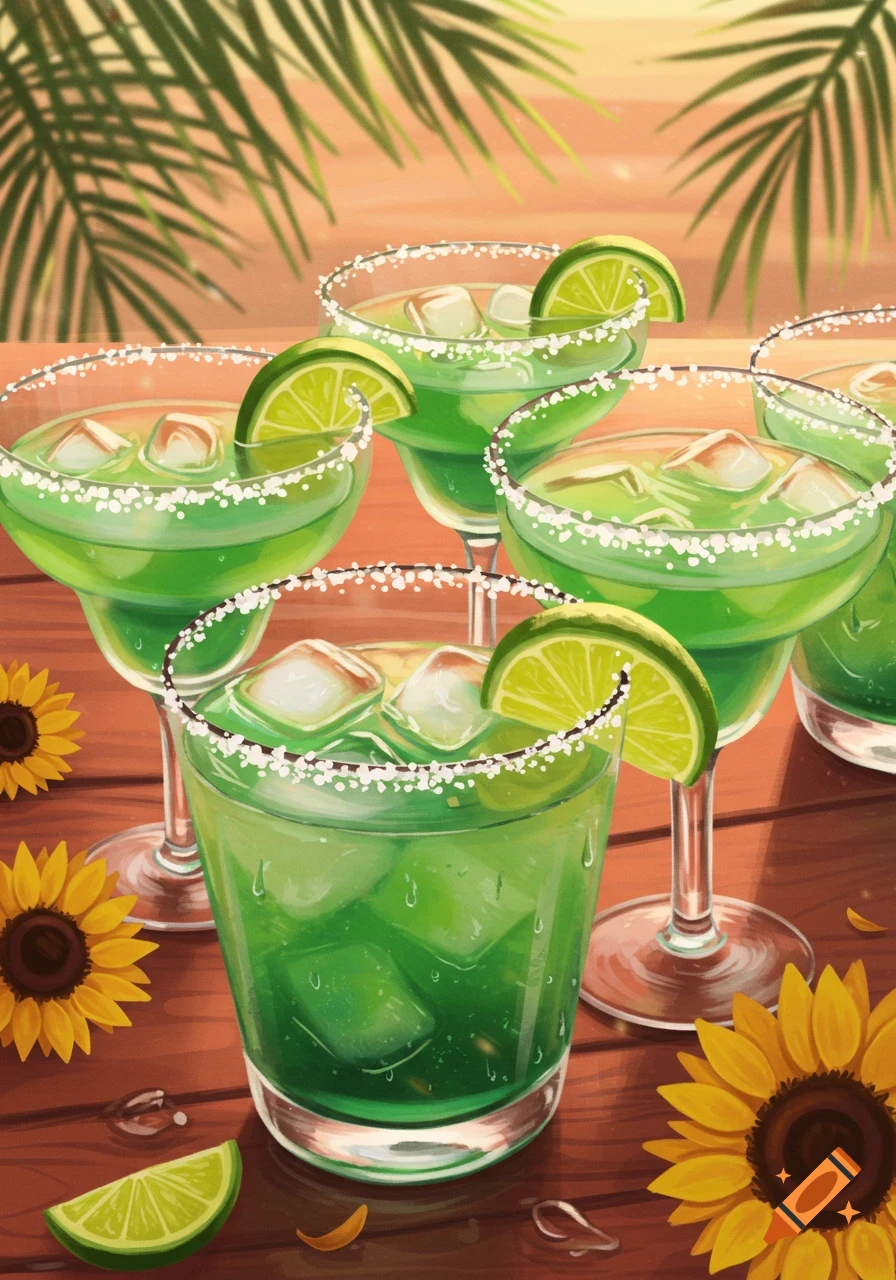 Vibrant green margaritas with lime and salt on a wooden table, surrounded by sunflowers and tropical palm leaves.