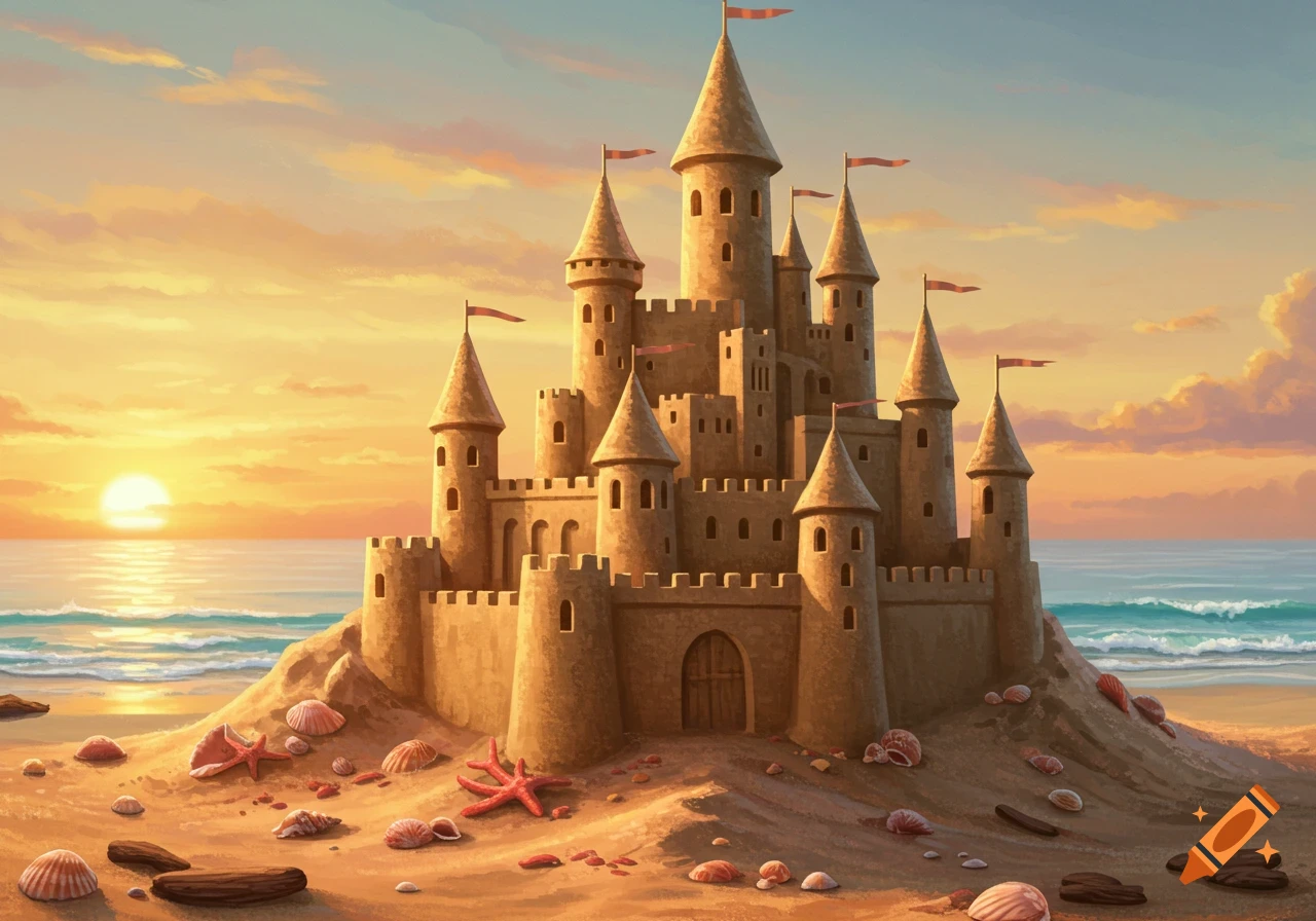 An elaborate sandcastle on a sandy beach at sunset, with a golden sky and ocean waves.