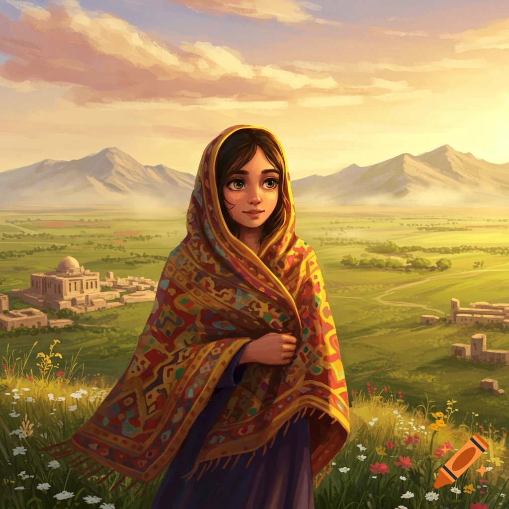 Illustration of a young girl in a colorful, patterned headscarf and dress, standing in a green field with mountains and buildings under a warm, sunset sky.