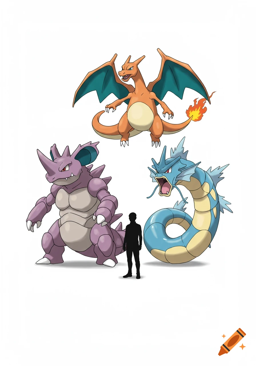 Illustration of Nidoking, Gyarados, and Charizard posed around a person, showcasing their relative sizes on a white background.