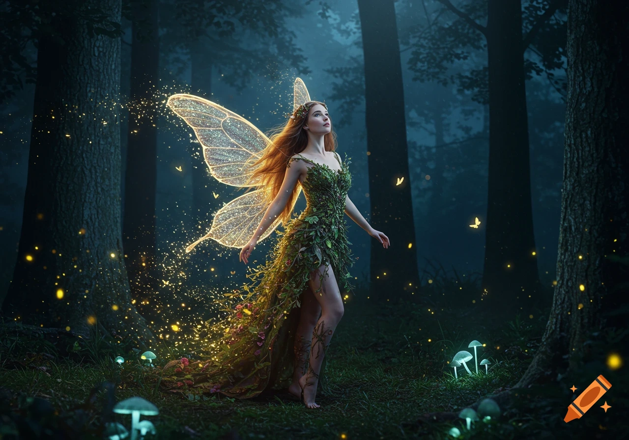 A beautiful fairy with glowing butterfly wings and a leaf dress stands in a magical, dark forest with sparkling particles and luminous mushrooms.