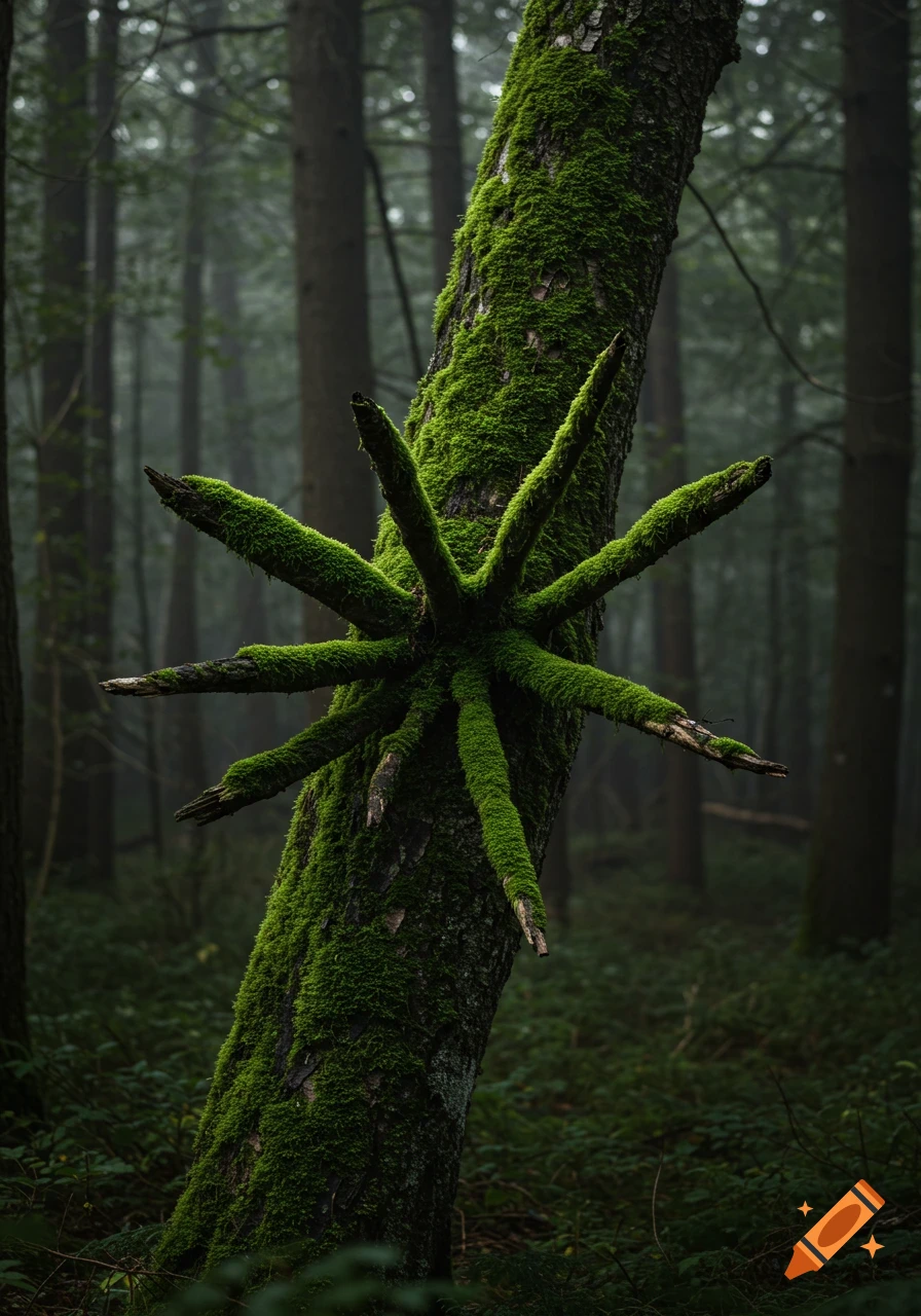 A tree trunk heavily covered in vibrant green moss with eight distinct mossy protrusions, set in a dark and misty forest.