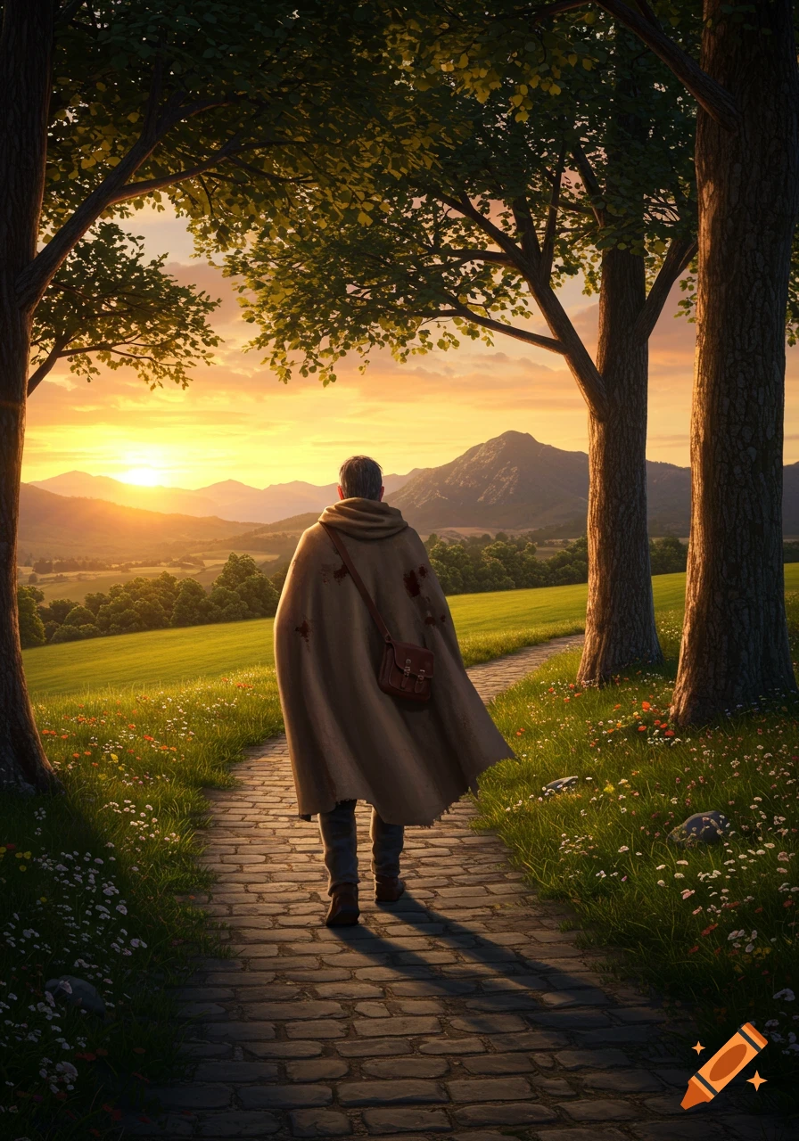 A cloaked traveler walks a stone path through a vibrant green landscape with trees, mountains, and a brilliant sunset.