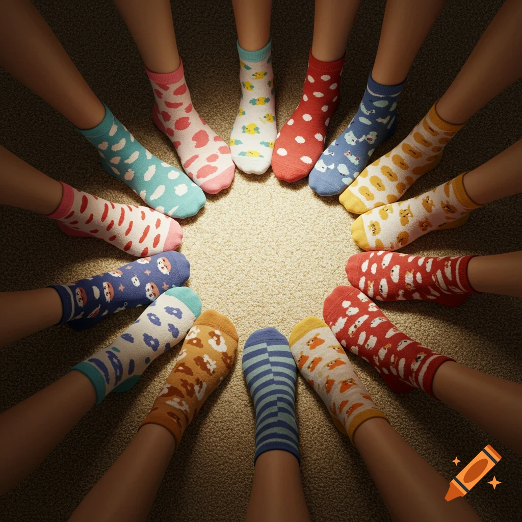 High-angle shot of multiple feet wearing various colorful patterned socks, arranged in a circle on a carpeted floor.