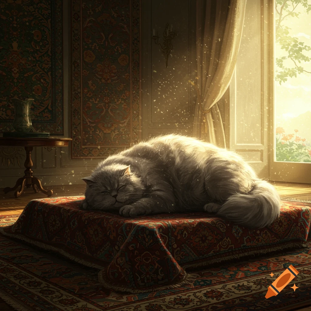 A fluffy cat sleeps soundly on a patterned rug in a sunlit, ornate room, depicted in a realistic style.