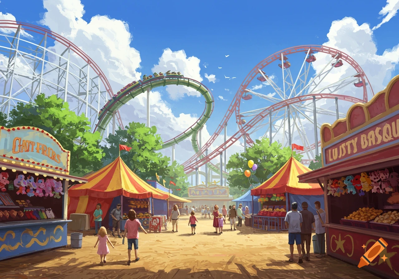 Vibrant illustration of a bustling amusement park on a sunny day with rollercoasters, a Ferris wheel, and carnival stalls.