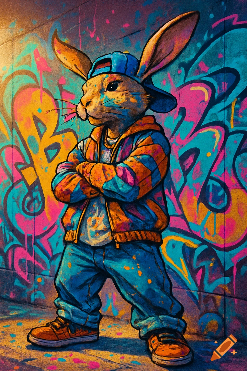 A stylized anthropomorphic rabbit in hip hop attire, wearing a baseball cap and striped jacket, stands with arms crossed against a colorful graffiti wall.