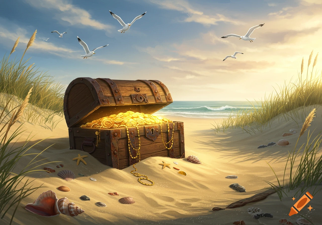 A wooden treasure chest overflowing with gold coins and jewelry, half-buried in a sandy beach with seagulls flying overhead.