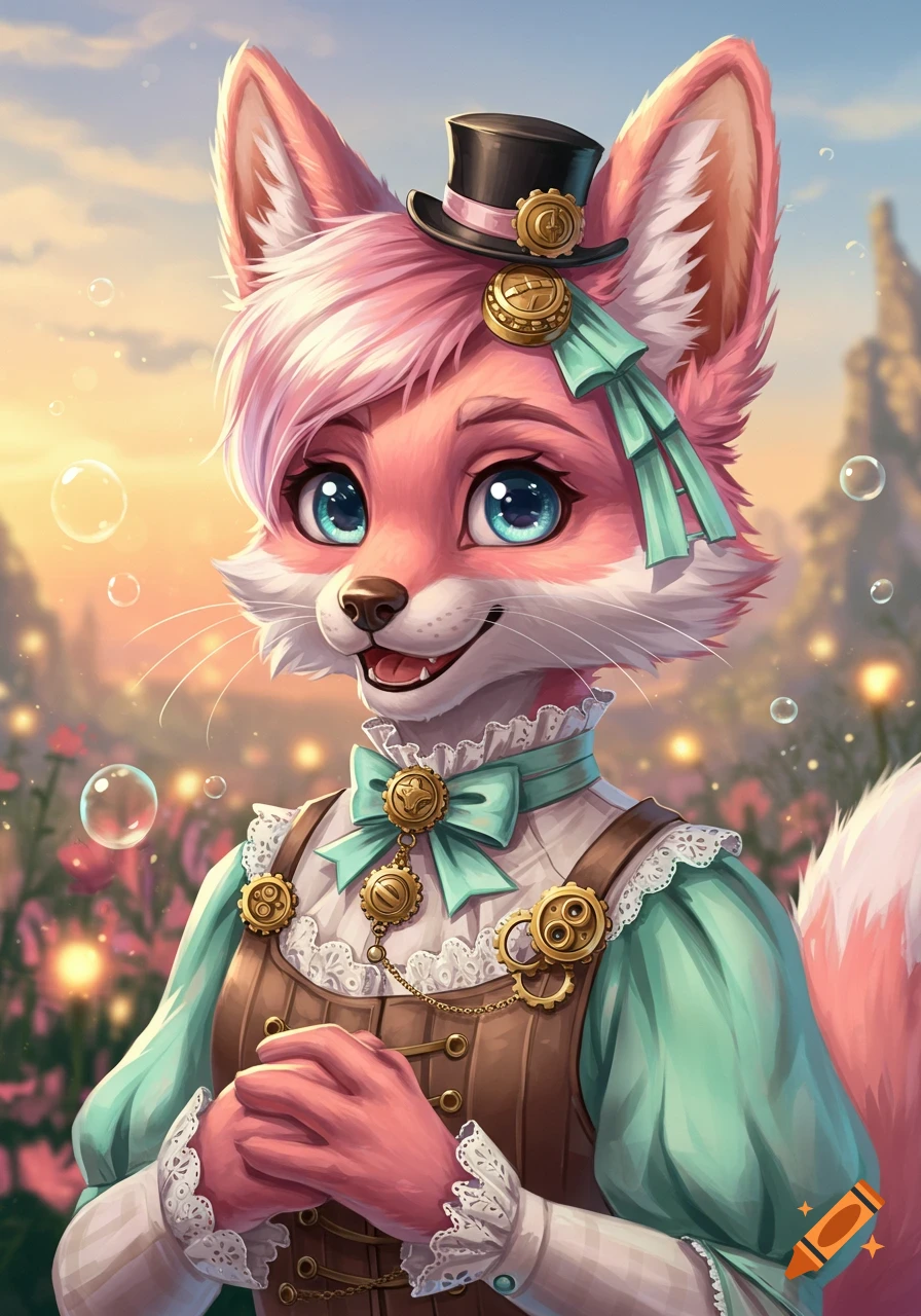 Pink fox furry in a steampunk outfit with a top hat, mint bow, and golden gears, standing in a dreamy garden at sunset, digital art.