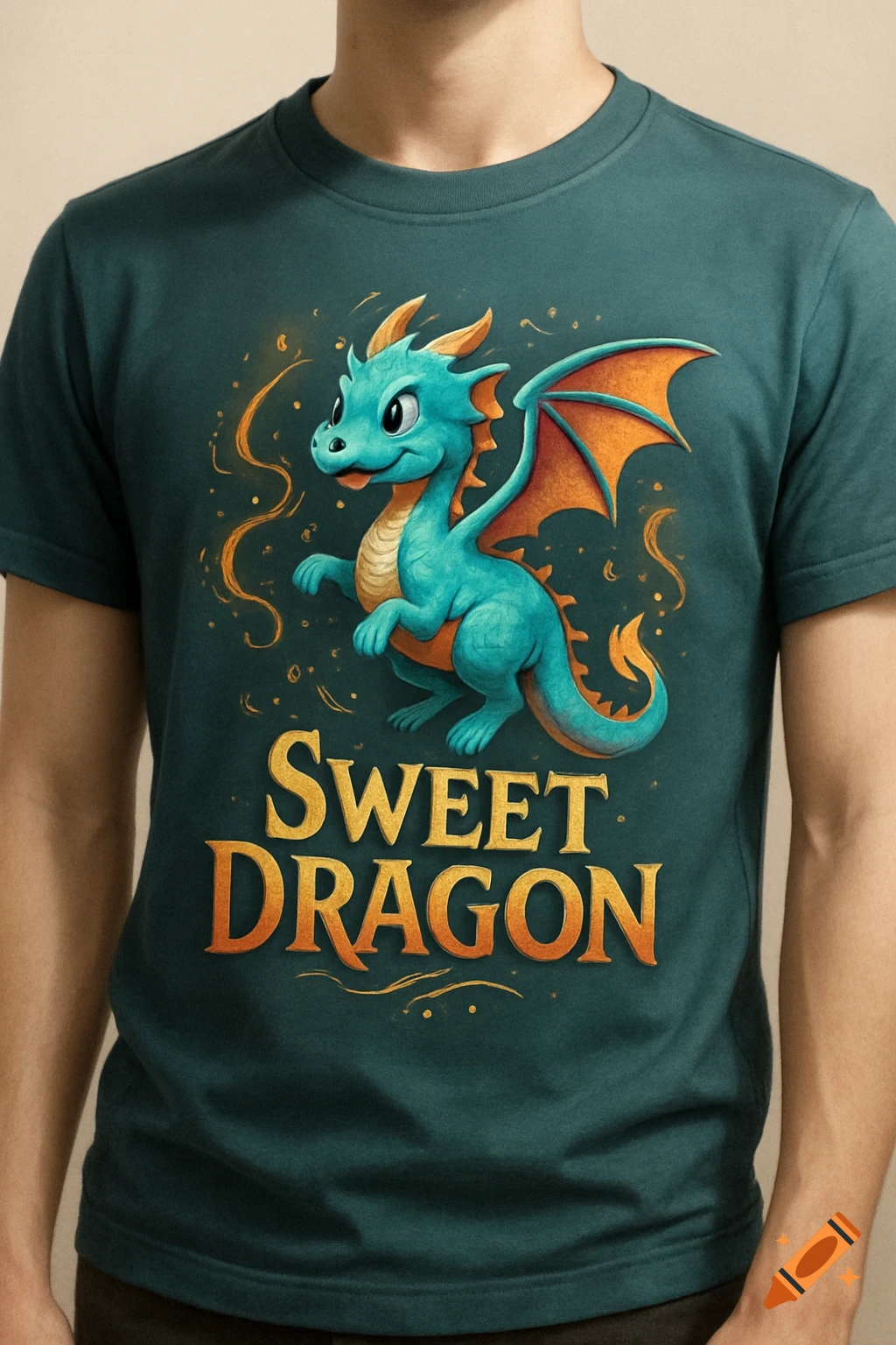 A person wearing a dark teal t-shirt featuring a cute light blue cartoon dragon and the words "SWEET DRAGON" in gold.