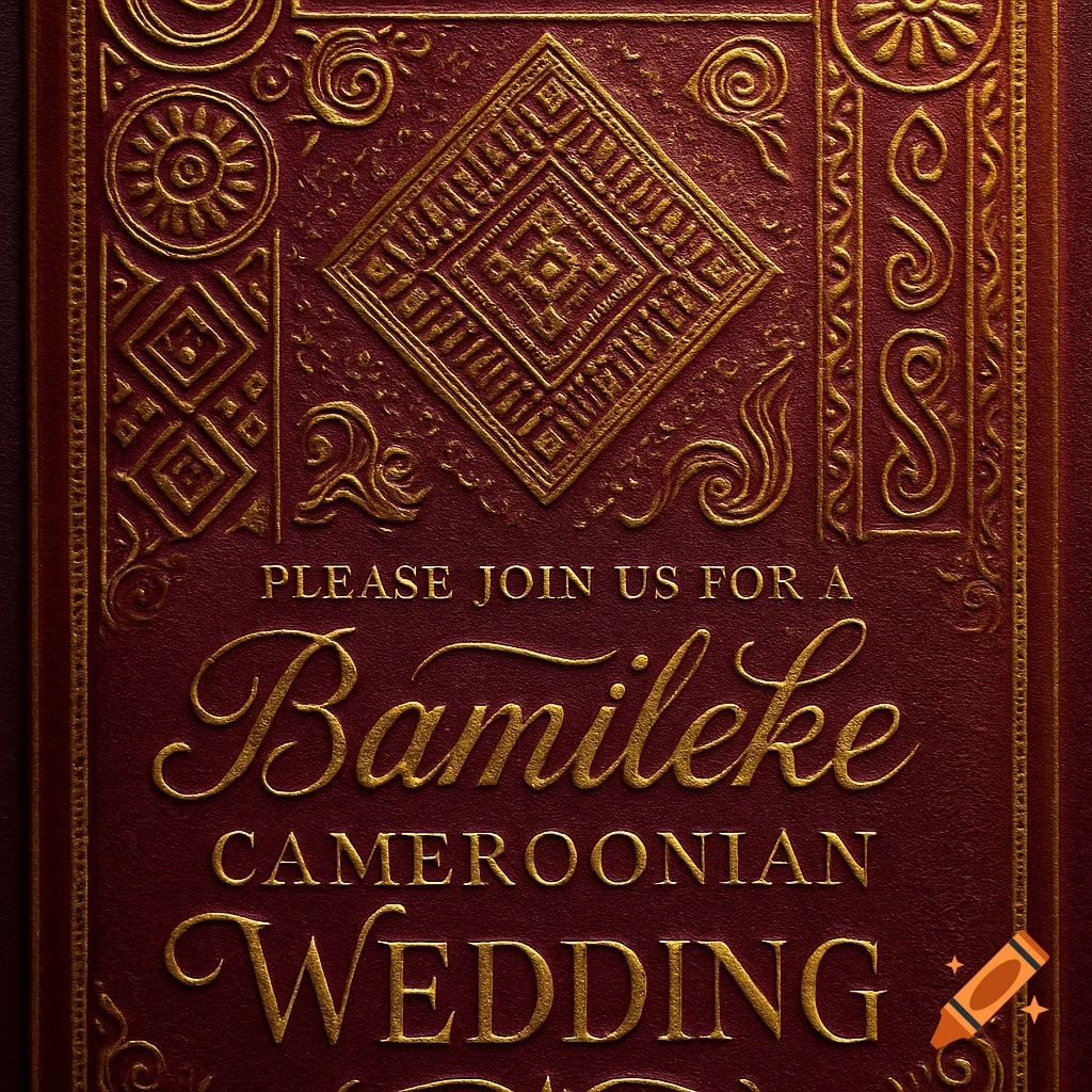 Elaborate burgundy and gold embossed wedding invitation with text 'Please join us for a Bamileke Cameroonian Wedding'.