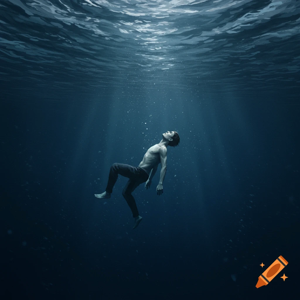 A shirtless man floats peacefully on his back deep in a dark, blue ocean, looking up at rays of light from the surface.