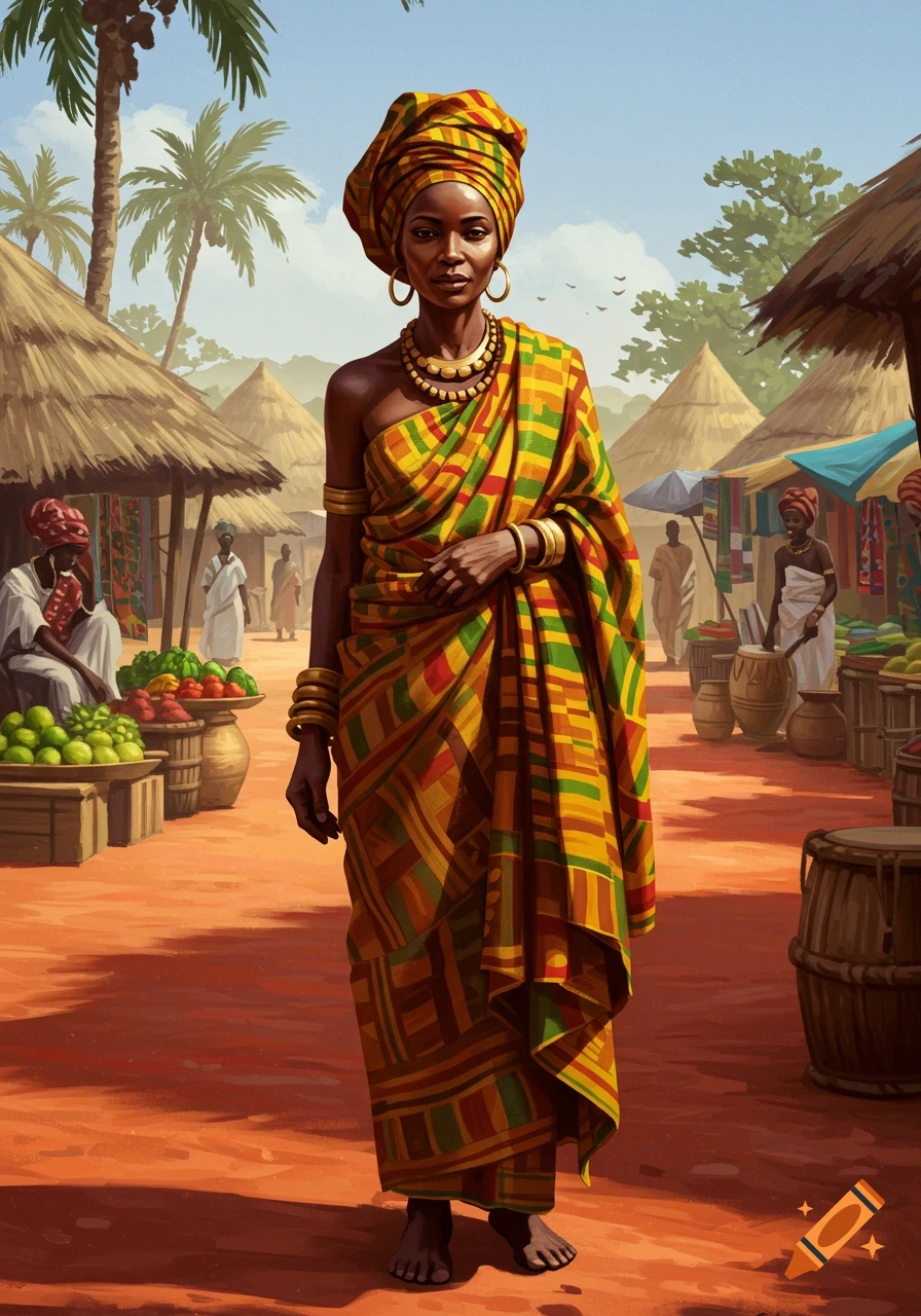 A proud African woman in colorful traditional attire stands in a bustling outdoor market, depicted in an illustrative style.