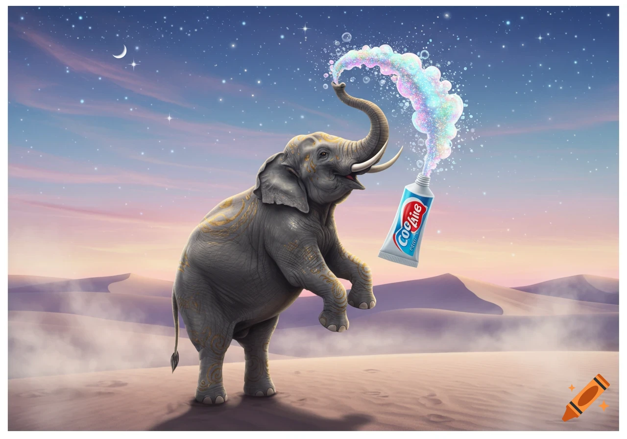 A whimsical elephant stands in a desert under a starry night sky, holding a toothpaste tube that fizzes with colorful bubbles.